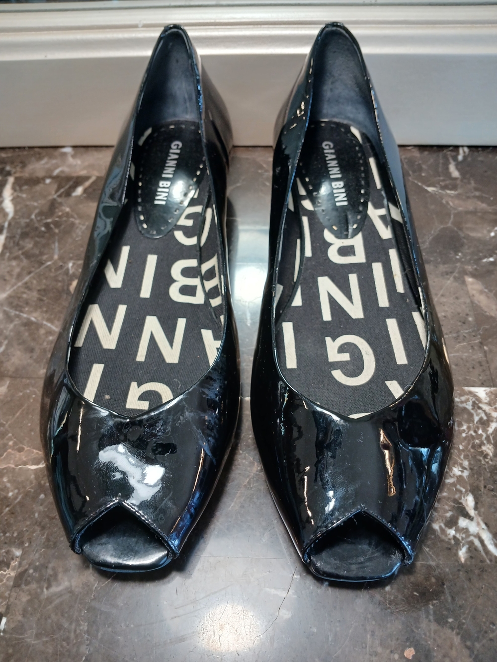 Gianni Bini Black Patent Peep-Toe Mini Wedges